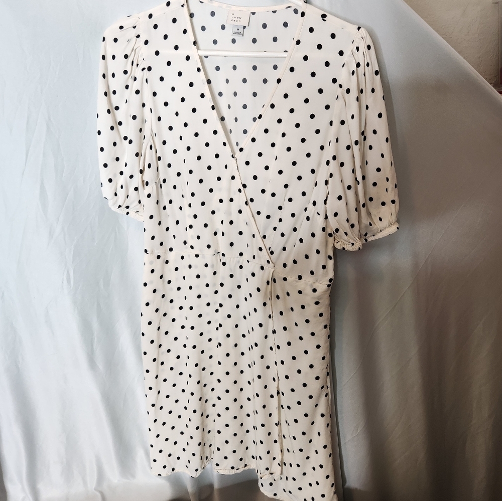 Women's Balloon Short Sleeve Mini Wrap Dress - A New Day Cream/Black Polka Dots